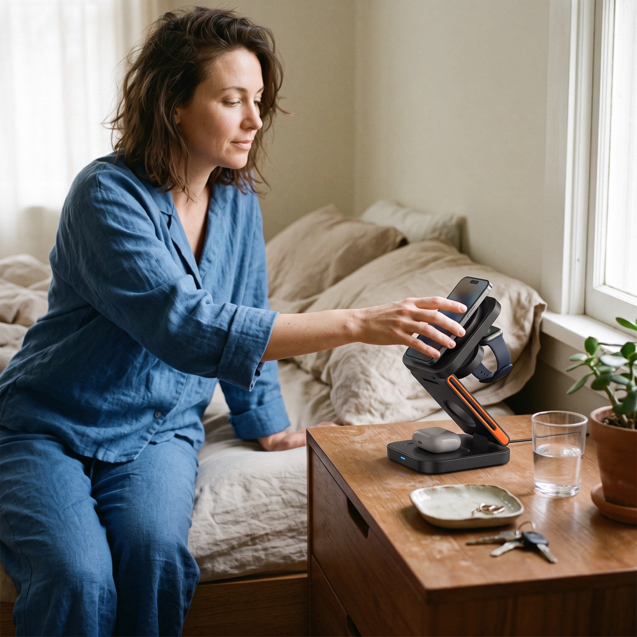 Station with devices on a tidy bedside