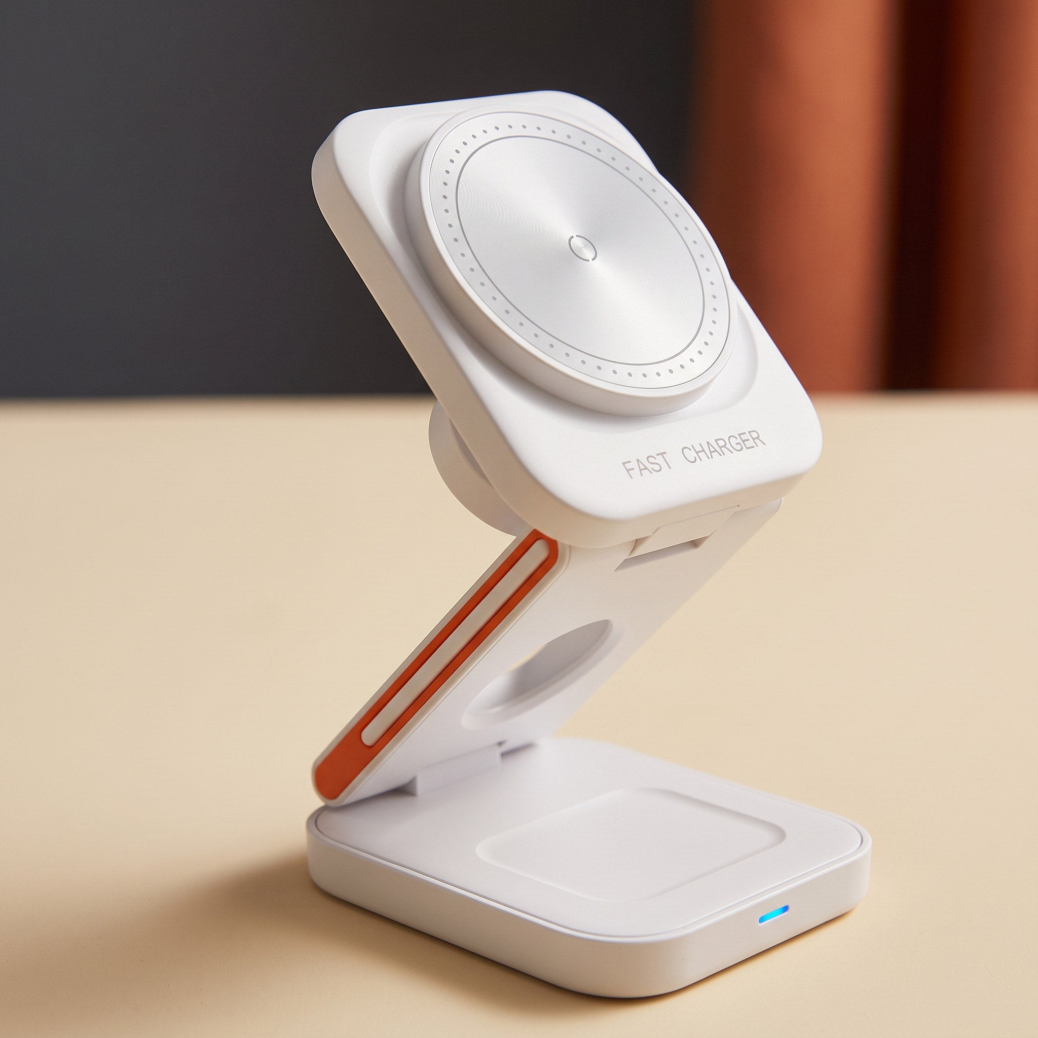 White magnetic station with orange watch arm