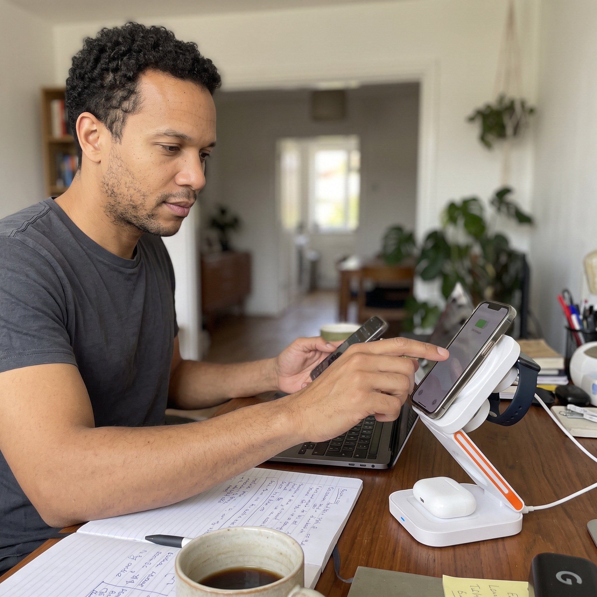 Self-shot adult man at home desk with station beside laptop, phone mounted