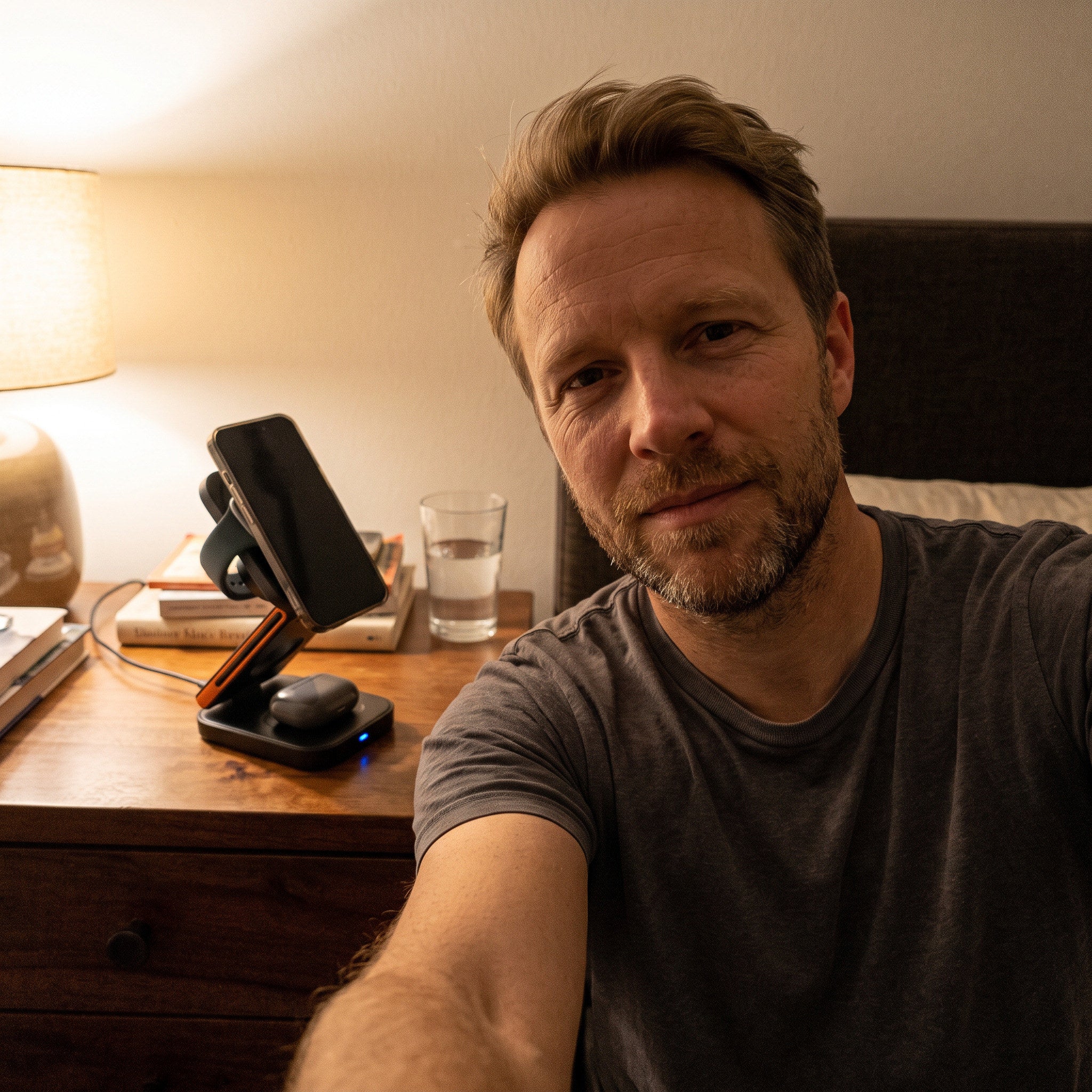 Bedside view of three devices on the charging station