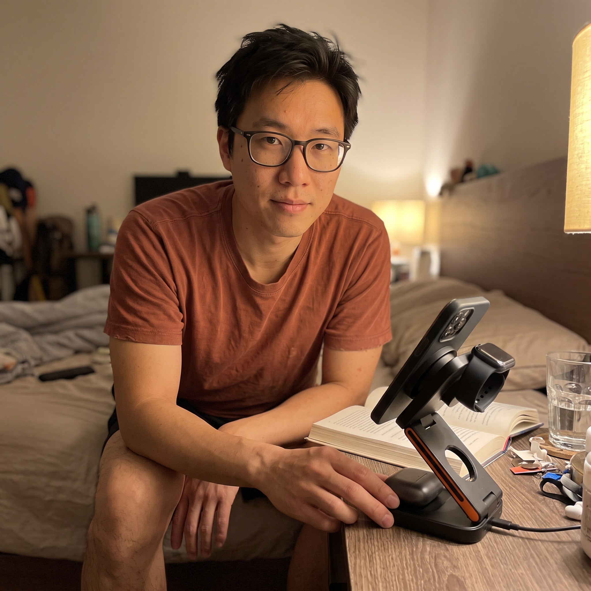 Rear-camera warm evening bedside view with station and devices, book and lamp; matching adult man owner portrait
